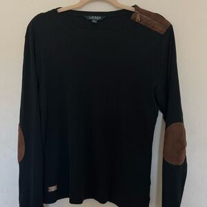 Lauren Ralph Lauren Black Top XL Brown Suede Elbow Patches Shoulder Zipper